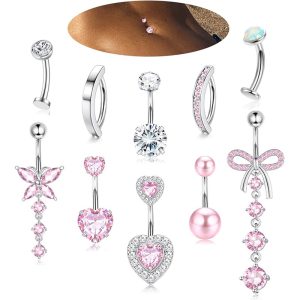 10-Piece Pink Peach Heart Butterfly Navel Ring Belly Button Piercing Jewelry Set