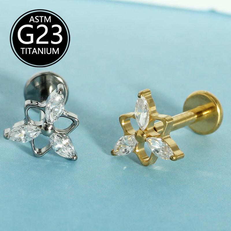 F136 Titanium Alloy Three-Horse Eye Zircon Earrings G23 Titanium Lip Nail 6-10mm Internal Thread Rod Piercing Jewelry - Image 2