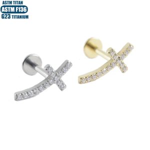 F136 Titanium Alloy Cross Zircon Lip Ring Inner Tooth Thread Lip Stud Piercing Jewelry
