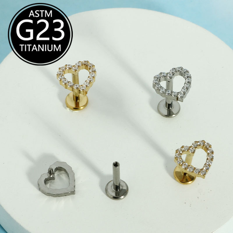 1.2mm Thick F136 Titanium Lip Stud with Fashionable Zircon Heart-Shaped Ear Bone Stud, G23 Titanium Body Piercing Jewelry - Image 3