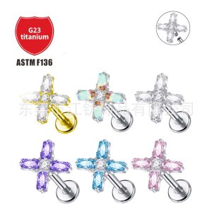 G23 Titanium Ear Cartilage Stud Cross Inlaid CZ Zircon Earring - 16G
