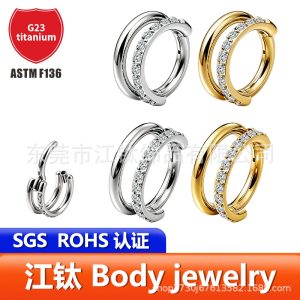 G23 Titanium Double Hoop Nose Ring Zircon Style Ear Hoop - Gold 1.2x12mm Body Piercing Jewelry