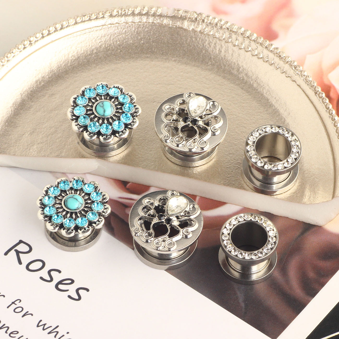 Stainless Steel Turquoise Octopus Ear Expander I-Shaped Roller Slide Thread Unscrew Body Piercing 6-Piece Set - Image 2