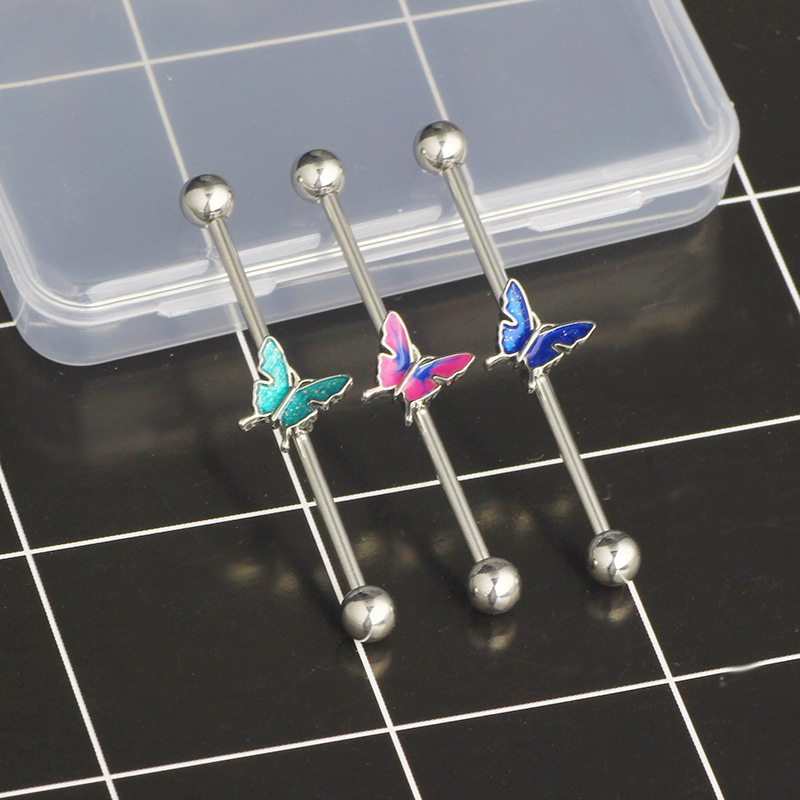 14G Industrial Barbell Ear Studs External Thread Drop Oil Butterfly Ear Bridge Double Ear Hole Straight Rod Pearl Ear Studs - Image 2