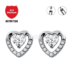 G23 Titanium Heart Shape Ear Stud with CZ Stone - ASTM F136 Alloy Body Piercing Jewelry Earrings