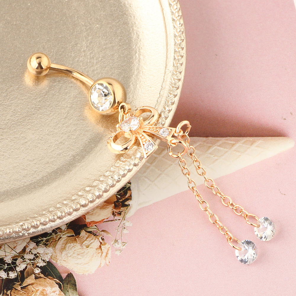 Long Pendant Bow Zircon Navel Ring Stainless Steel Rod Piercing Jewelry Belly Button Ring Rose Gold - Image 5