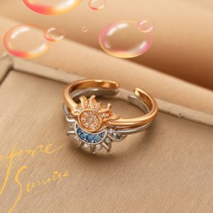 Copper Inlaid CZ Sun Moon Stacked Open Couple Rings - Geometric Style
