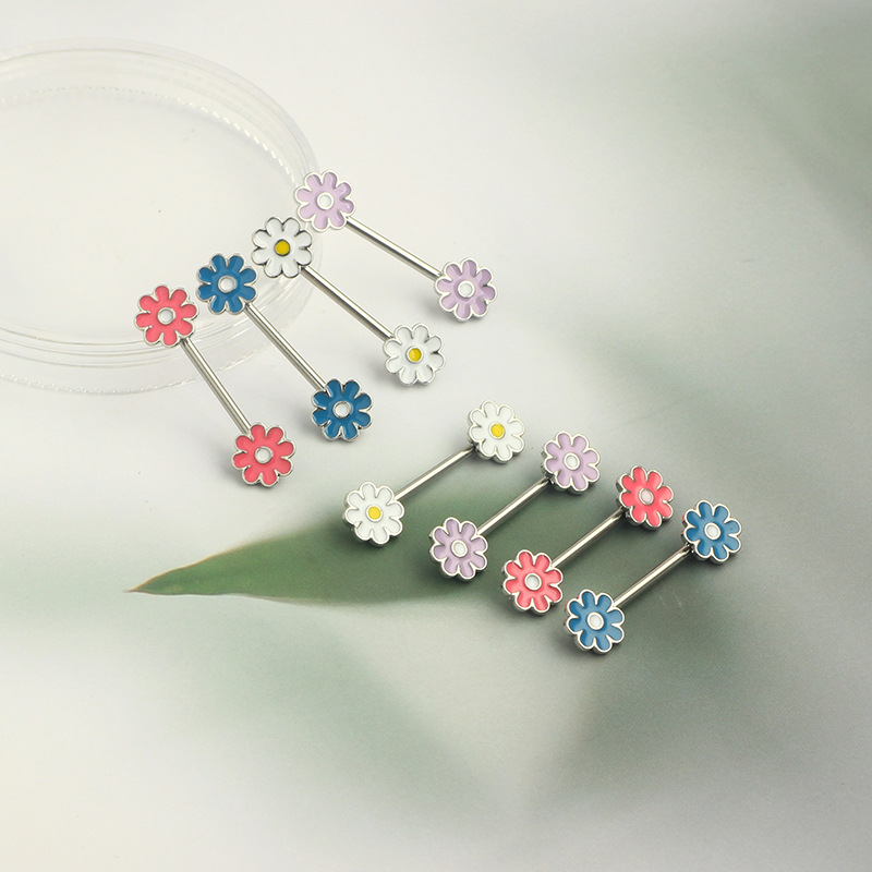 Blue Chrysanthemum Star Moon Nipple Ring Stainless Steel Symmetrical Piercing Jewelry for Women - Image 2