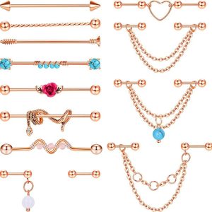 13Pcs Industrial Barbell and Ear Bone Nail Set Handmade Chain Earrings European American Body Jewelry Rose Gold Turquoise