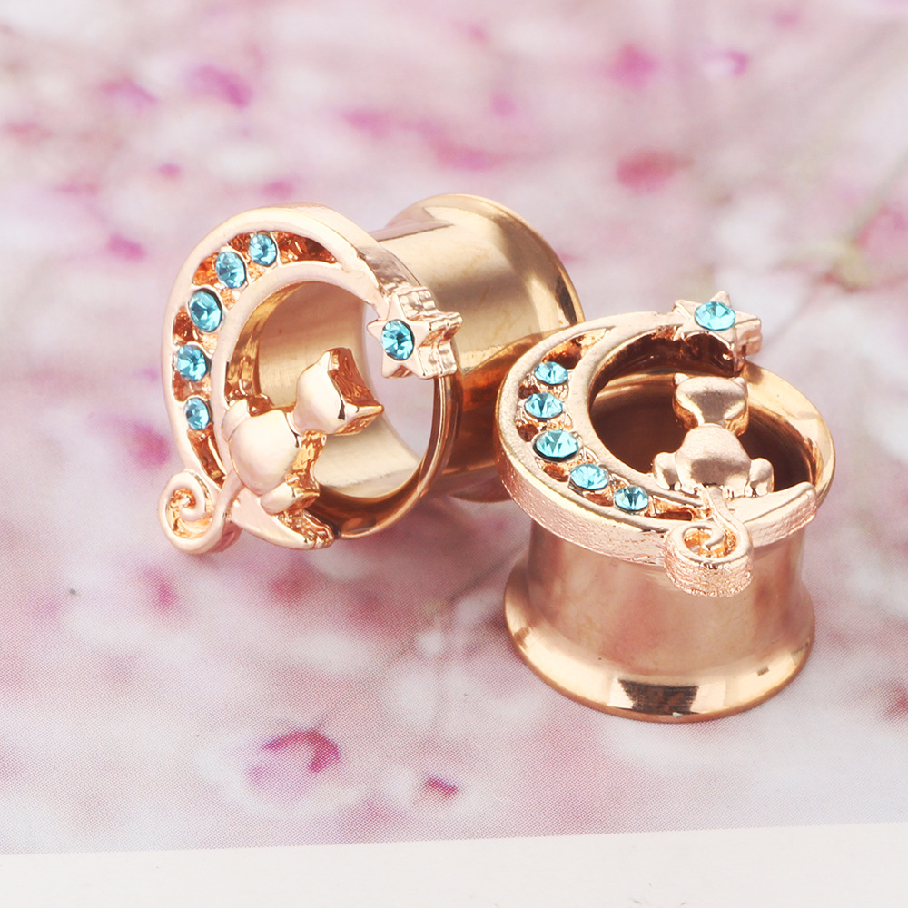 Rose Gold Stainless Steel Ear Expander with Diamond Cat Small Horn Cartilage Earring Jewelry - Image 3