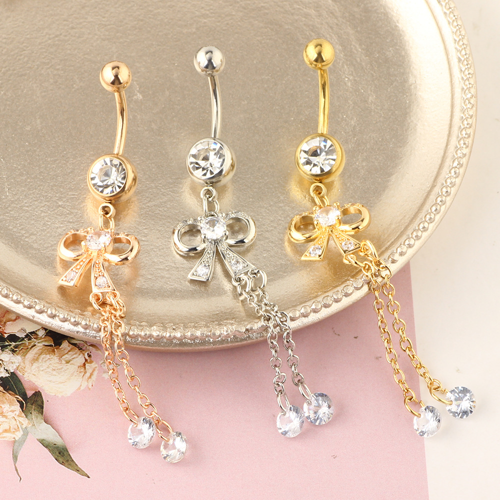 Long Pendant Bow Zircon Navel Ring Stainless Steel Rod Piercing Jewelry Belly Button Ring Rose Gold - Image 2