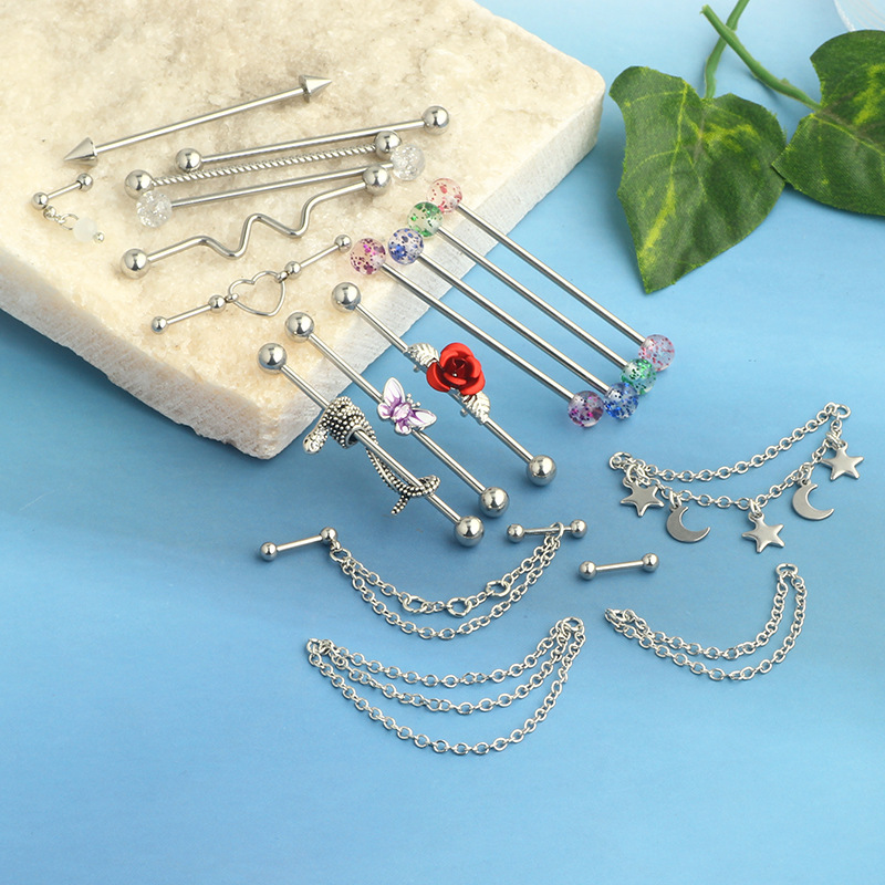 19-Piece Stainless Steel Bridge Stud Earring Set - Long Rod Ear Bone Nails, Industrial Stud Earrings for Piercing - Image 3
