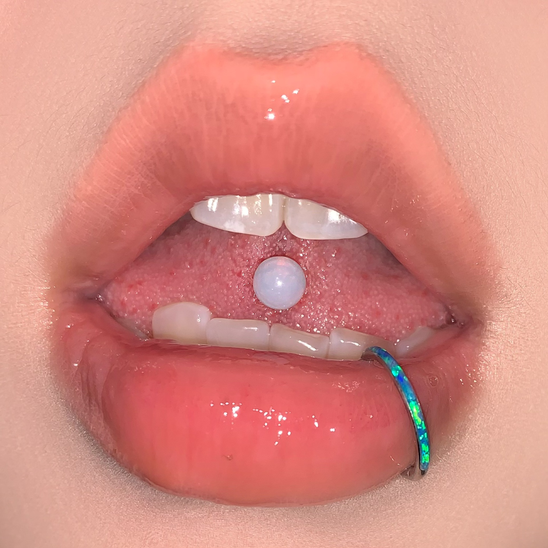 Milk White Opal Tongue Nail Steel Titanium External Thread Tongue Barbell Piercing Jewelry - Image 2