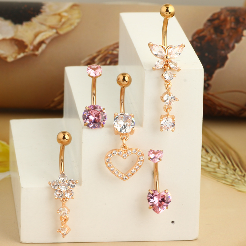 Amazon Hot Pink 5-Piece Set Stainless Steel Zircon Belly Button Ring Nail Rose Gold Love Combination - Image 3