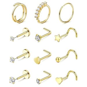 Stainless Steel 12-Piece Nose Stud Set Basic Nose Ring with Heart-Shaped Zircon Piercing Jewelry Best Seller