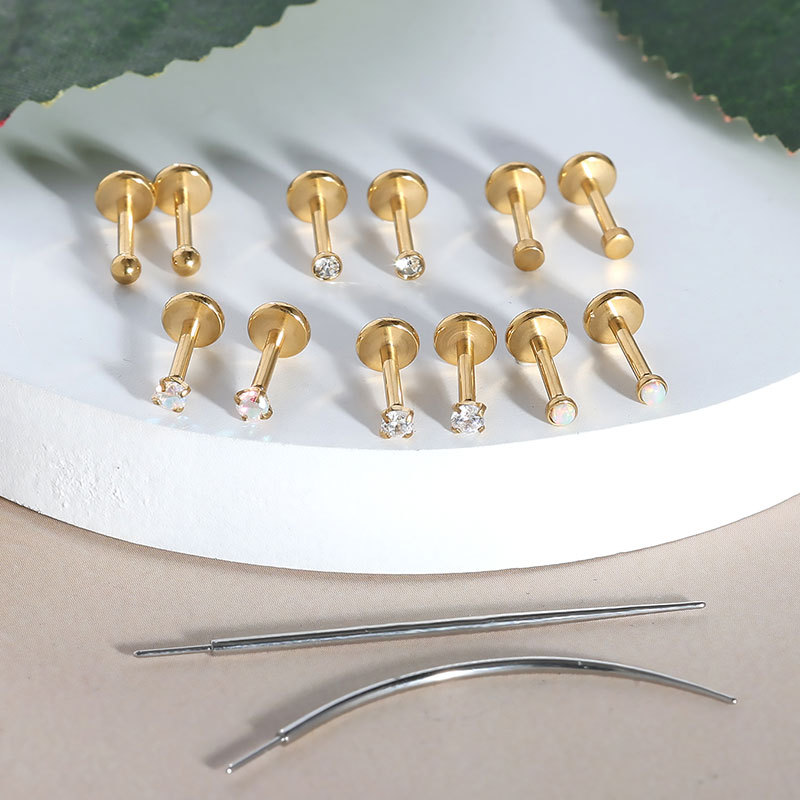 14-Piece Stainless Steel Pin-Style CZ Ear Bone Studs, Lip Labret and Nose Studs Body Piercing Jewelry Set - Image 2