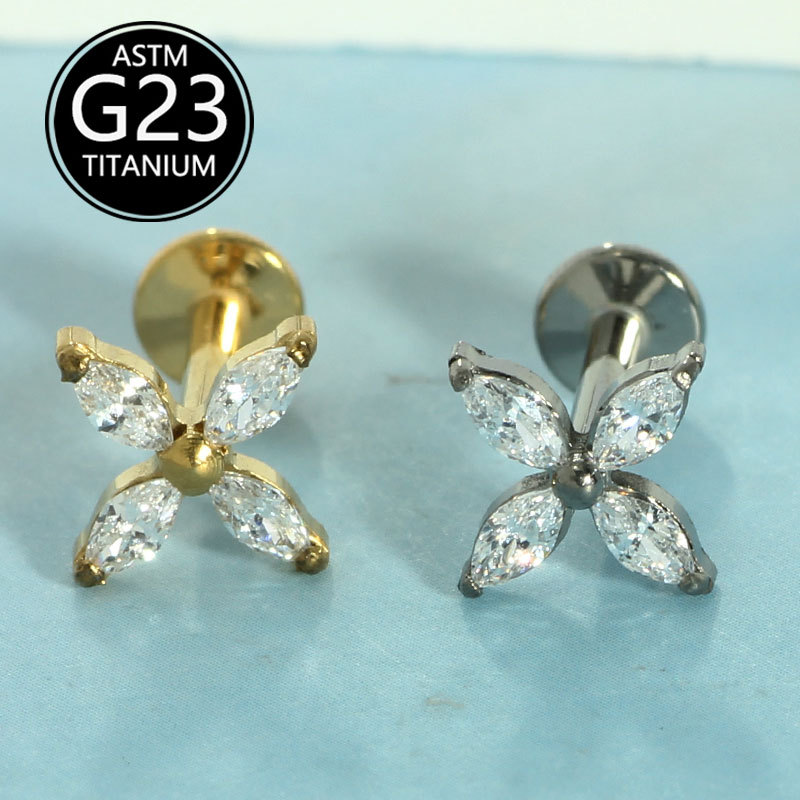 G23 Titanium Four-Petal Marquise Zircon Lip Labret Stud Unisex Elegant Versatile Lip Piercing Jewelry - Image 5