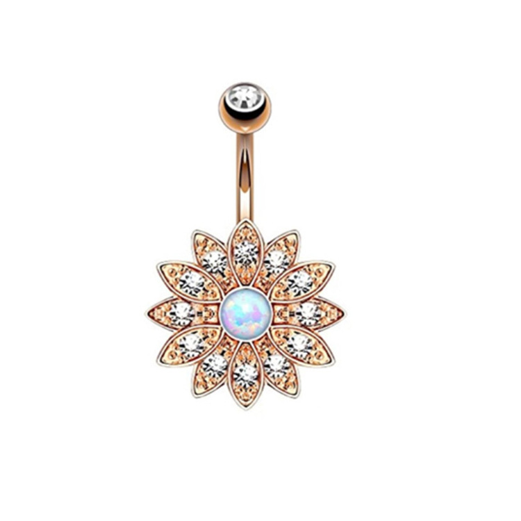 6-Piece Stainless Steel Zircon Diamond Navel Ring Set with Opal & CZ - Gold Plated Belly Button Jewelry - Image 4