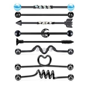 Black Suit Industrial Barbell Earrings Double Ear Piercing Bridge Ear Studs Ear Bone Ring Barbell Set - 316L Surgical Steel