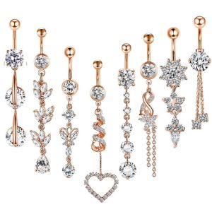 Classic Stainless Steel Belly Button Ring Set - 8-Piece Crown Umbilical Rings Body Piercing Jewelry