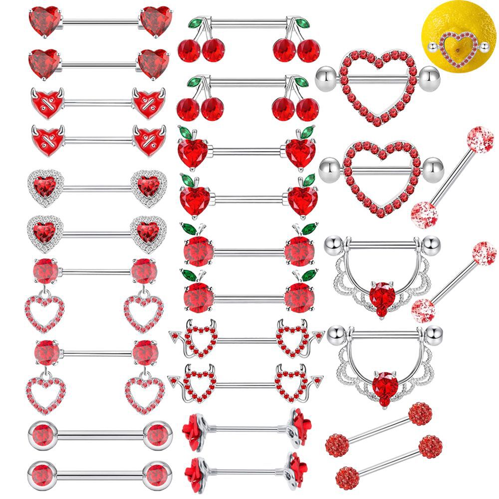 2 Pieces Stainless Steel Red Zircon Nipple Rings Creative Heart Flower Diamond-Studded Nipple Piercing Jewelry - Image 5