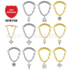 G23 Titanium Chain Pendant Zircon Stud Earring - Cartilage Ear Bone Stud Jewelry for Helix Tragus Piercing