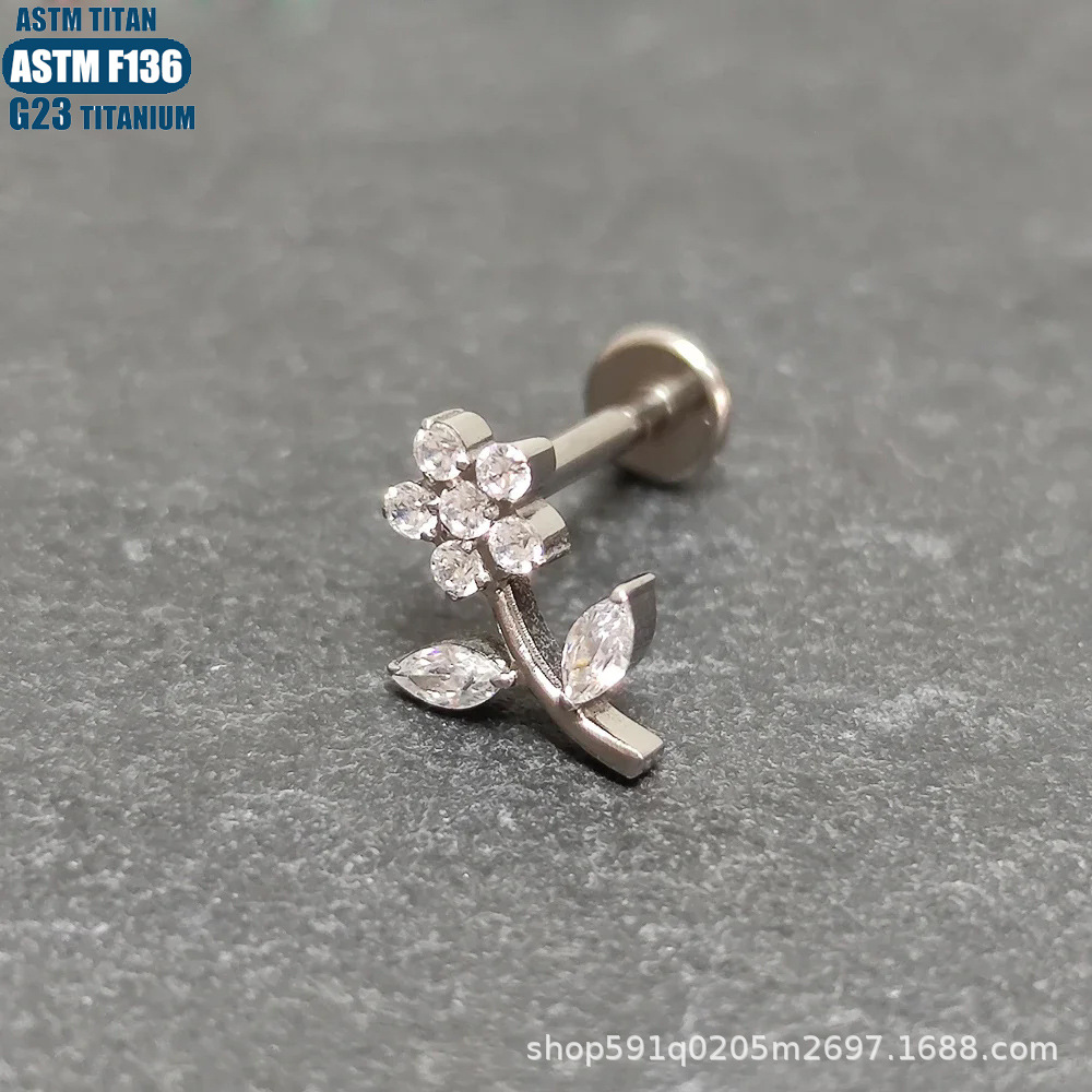 F136 Titanium Alloy Flower Lip Ring Spiral Diamond Small Ear Nail Internally Threaded Lip Piercing Jewelry Gold - Image 3