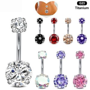 F136 Titanium Alloy Zircon Navel Nail G23 Titanium Four-Claw Double-Headed Diamond-Encrusted Inner Spiral Navel Ring
