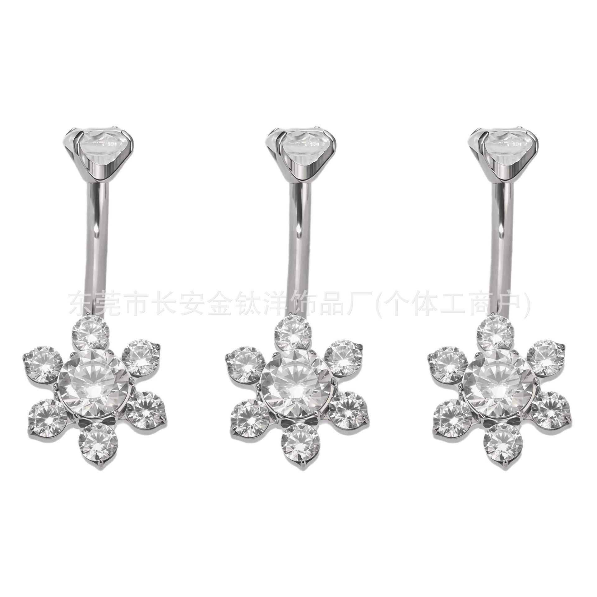 F136 Titanium Internal Thread Six-Leaf Zircon Belly Button Ring - G23 Titanium Alloy Body Piercing Jewelry - Image 5