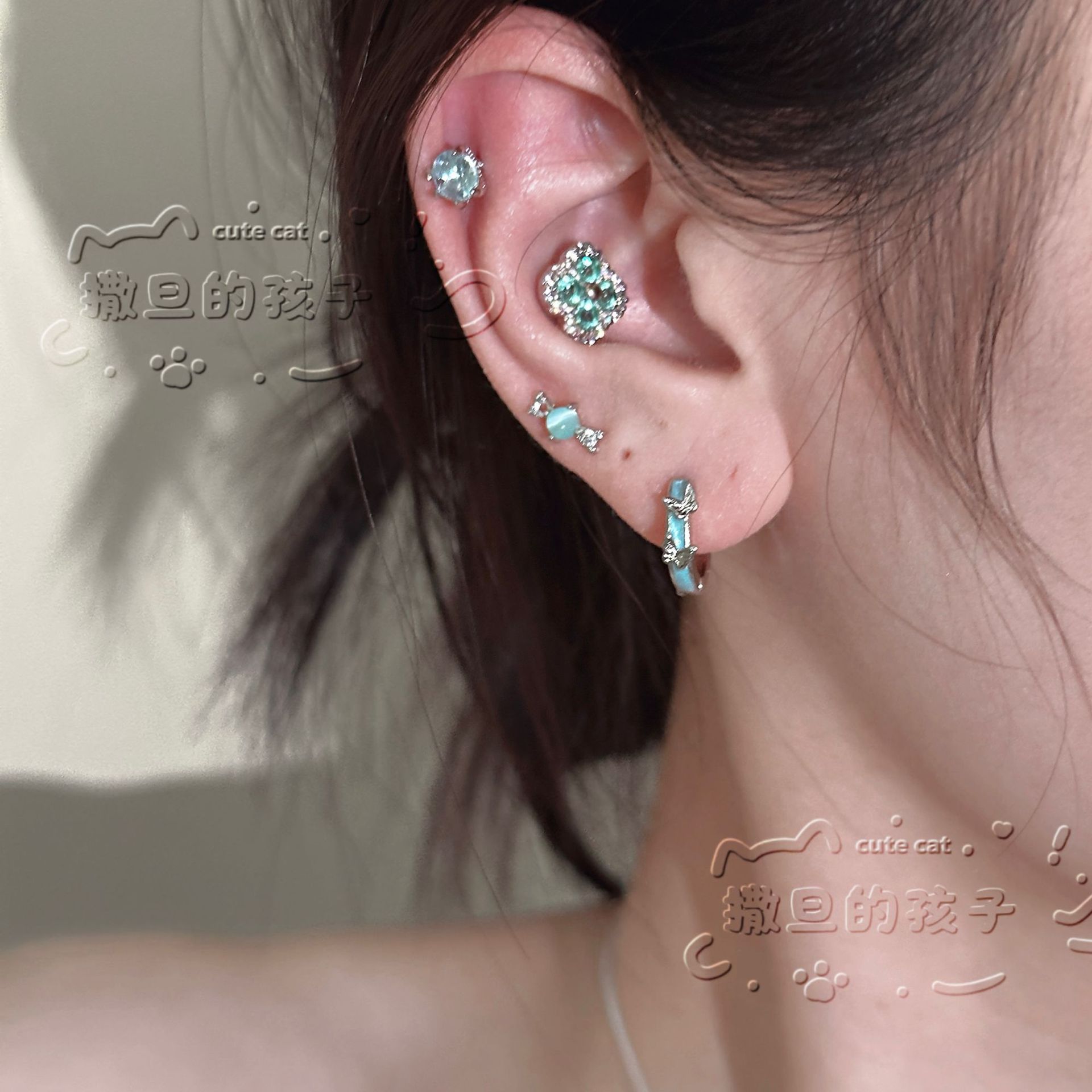 Satan's Child Mint Wave Stud Earrings - Blue Butterfly Flat Back Ear Bone Studs for Cartilage Helix Tragus Cochlear Piercing 316L Surgical Steel 2025 Spring Fashion - Image 4