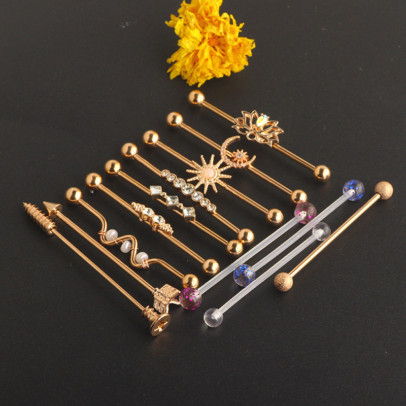 18K Gold Industrial Barbell Ear Studs 14G Double Ear Piercing Ear Bridge Flower Earrings 13Pcs - Image 4