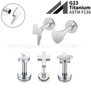 F136 Titanium Internally Threaded Star Heart Moon Lightning Cross Lip Stud Ear Bone Stud - G23 Titanium Alloy Piercing Jewelry