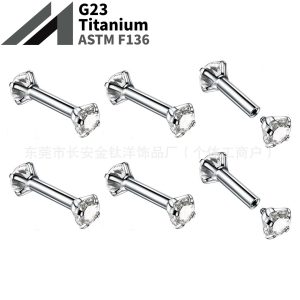 F136 Titanium Inner Tooth Double-Ended Zircon Straight Rod Earring Lip Nails Ear Bone Nails G23 Titanium Alloy Body Piercing Jewelry