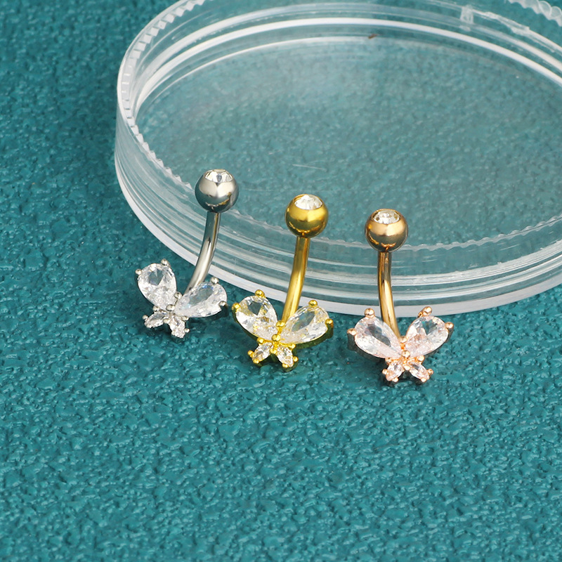 Gaby Butterfly Belly Button Ring Rose Gold Stainless Steel Nail CZ Body Piercing Jewelry - Image 3