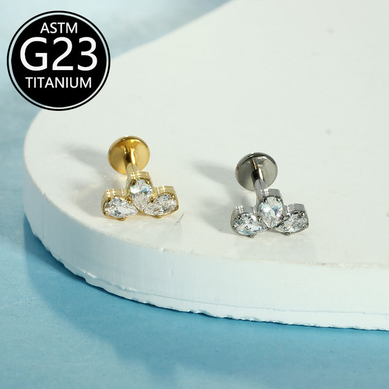 F136 Titanium Alloy Water Drop Zircon Three-Petal Flower Lip Nail G23 Titanium Internal Thread Lip Nail Tongue Nail Piercing Jewelry - Image 5