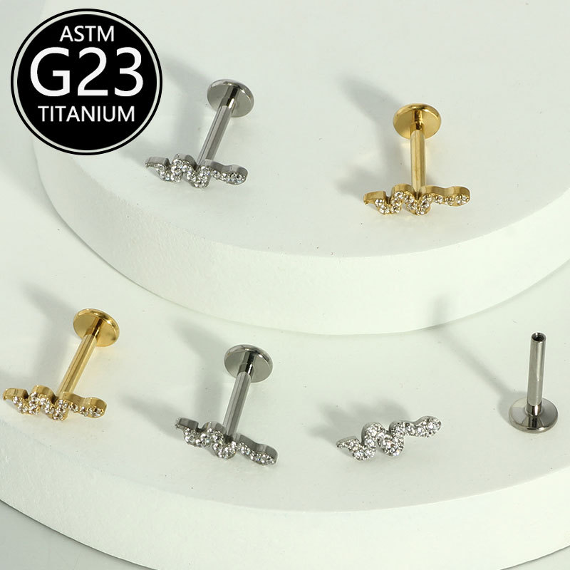 F136 Titanium Lip Piercing Jewelry G23 Flat Bottom Zircon Bone Nail Nose Stud Snake Style Elegant Wholesale - Image 4