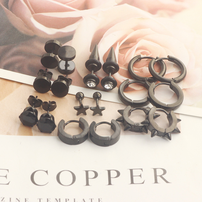 9 Pair Black Silver Zircon Earrings Round Barbell Earrings Men's Personality Cross-border Amazon Set - Image 4