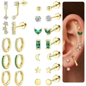 European American Style Moon Star Earring Set Real Gold Plated Zircon Stainless Steel Earrings for Women