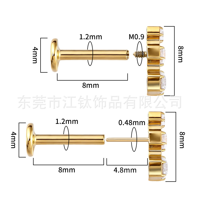 G23 Titanium Alloy Ear Cartilage Stud with Three Zircon Stones - Bone Stud, Lip Stud, Body Piercing Jewelry - Image 2