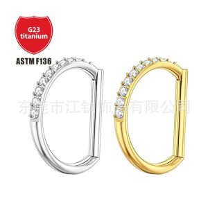 G23 Titanium D-shaped Nose Ring with Zircon, Gem Closed Ring, Body Piercing Jewelry, 1.2x12mm