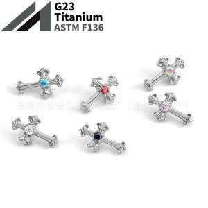 F136 Titanium Vintage Cross Zircon Stud Earrings Lip Studs Cochlear Studs Piercing Jewelry