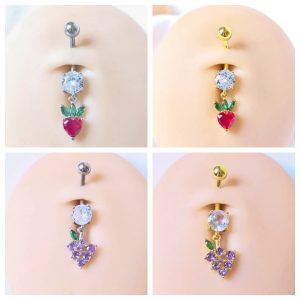 Geometric Fruit Series Grape Micro-Encrusted Stone Navel Ring Belly Button Jewelry Copper Gold Plated