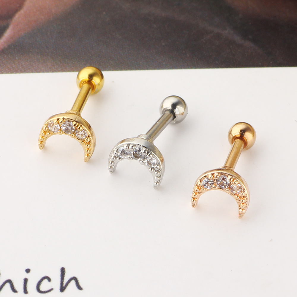 Zircon Stainless Steel Women's Ear Bone Nail Screw Earrings Piercing Jewelry Moon Lip Ring - Image 4