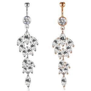 Rose Gold Diamond Leaf Navel Ring Belly Button Piercing Jewelry Stainless Steel