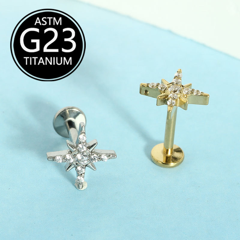 F136 Titanium Star Lip Stud Ear Stud with White Zircon, 1.2x10mm - Image 2