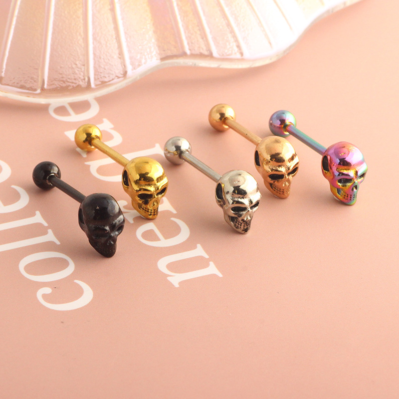 Cross-border Stainless Steel Straight Rod Tongue Nail External Thread Ghost Head 3D Effect Tongue Ring 14G Piercing Jewelry 5 Colors Optional - Image 3
