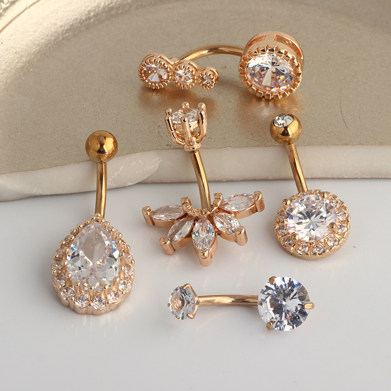 Freshly Released Rose Gold Navel Ring Set - 5-Piece Umbilical Body Piercing Jewelry with CZ Stones - Image 3