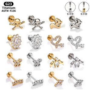 F136 Titanium Alloy Long Tooth Ear Studs, Carved Ear Bone Studs with Zircon, G23 Titanium Body Piercing Jewelry