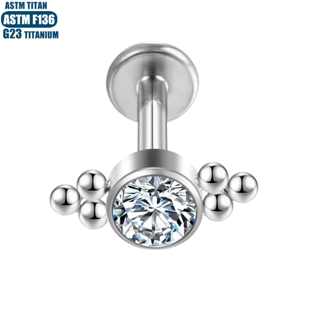 G23 Titanium Bead Cluster Zircon Lip Ring Thread Inner Teeth Lip Stud Perforated Small Ear Stud Body Piercing Jewelry Women's Earrings - Image 2
