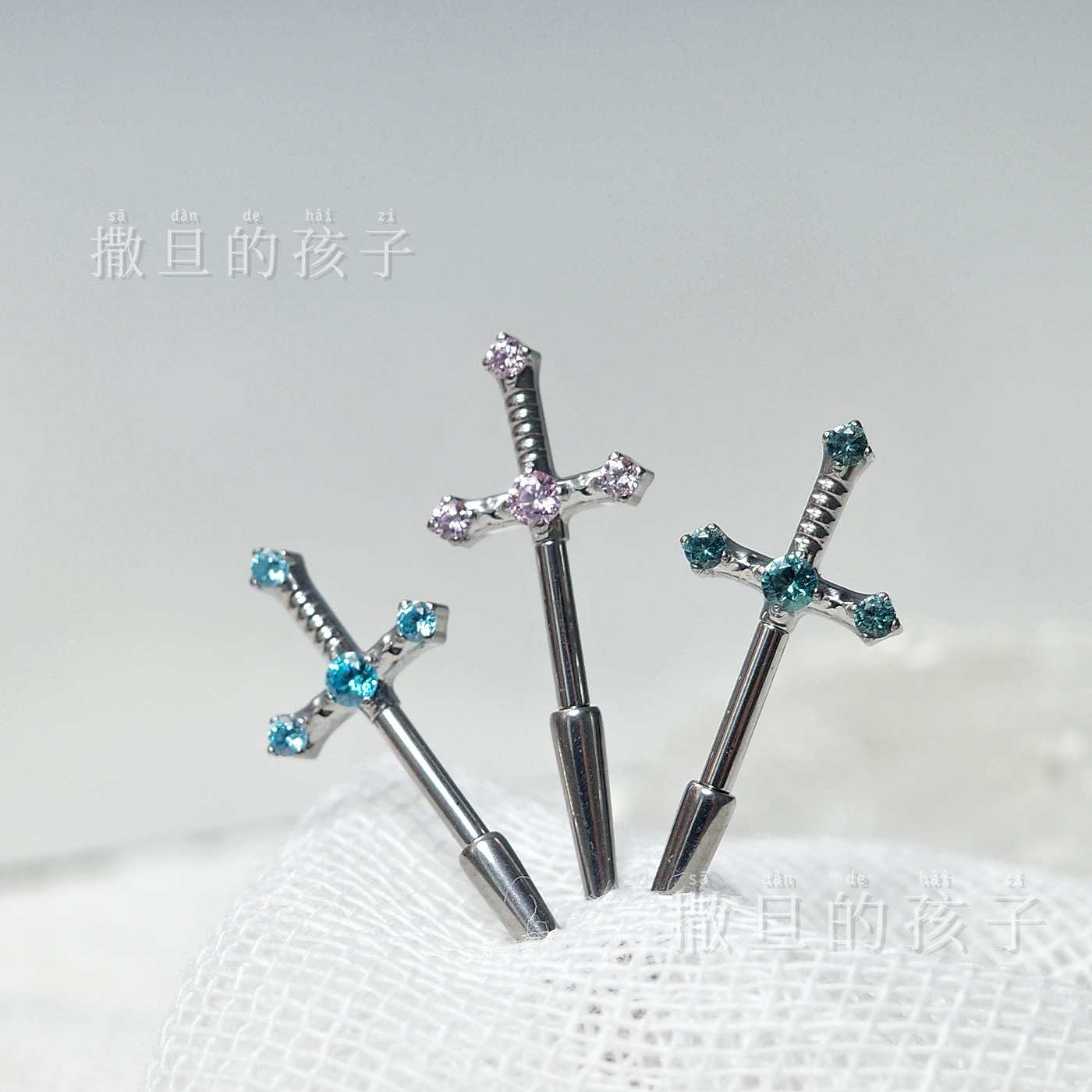 F136 Titanium Alloy Holy Sword Ear Studs with Diamond-Encrusted Devil Motif, Internally Threaded Cartilage Studs, Sweet and Cool Style - Image 4